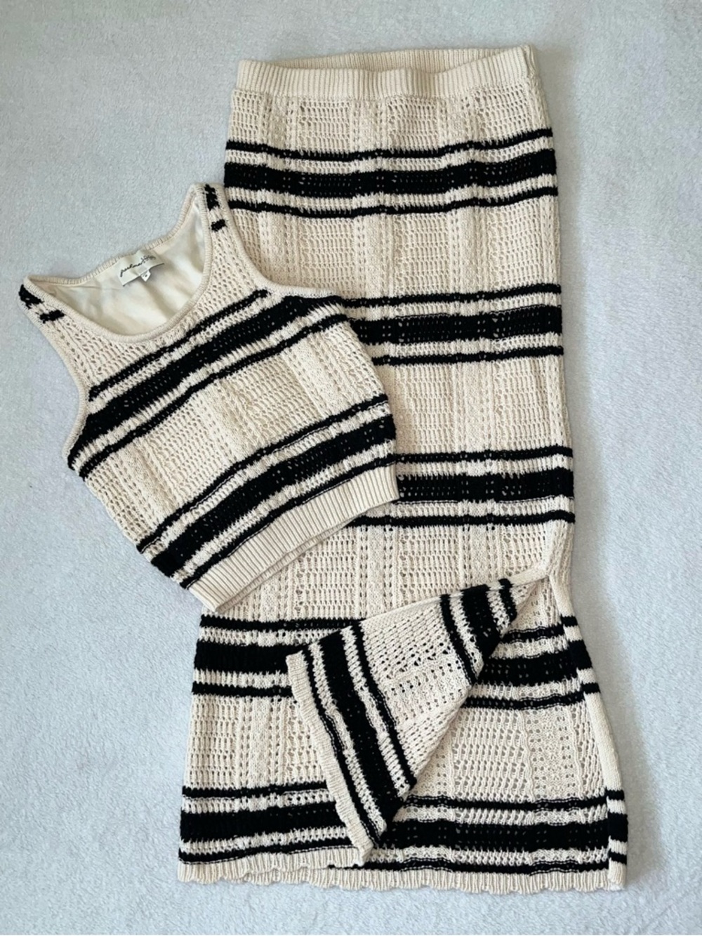 Striped Knit Maxi Skirt with Matching Crop Tank - Cream & Black
